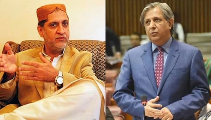 BNP-M chief Sardar Akhtar Mengal (left) and federal  Minister for Law Azam Nazir Tarar. — AFP/Twitter/@NAofPakistan/File