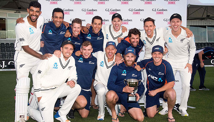 New Zealand players celebrate winning the series after day five of the second Test match between New Zealand and England at Hagley Oval in Christchurch. Photo: AFP