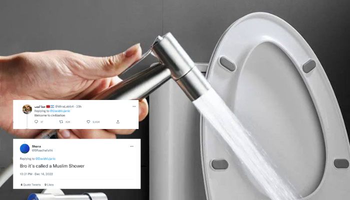 Image shows a person holding a bidet shower in the toilet.— Twitter