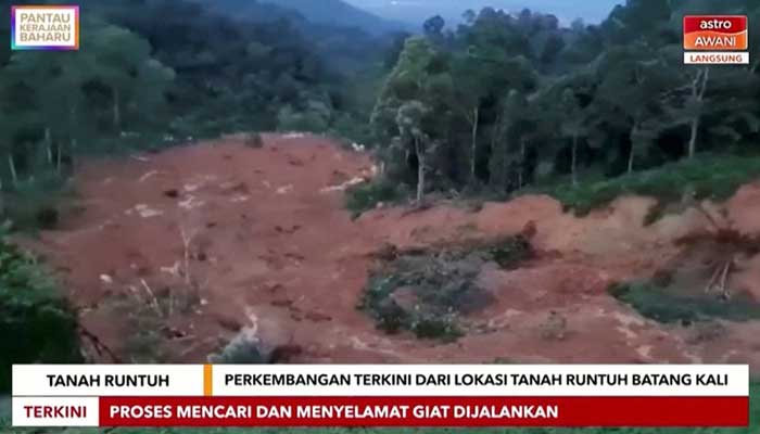 A view of the scene after a landslide in Batang Kali, Malaysia, December 16, 2022 in this still image taken from video. —  Astro Awani/Reuters/ Handout