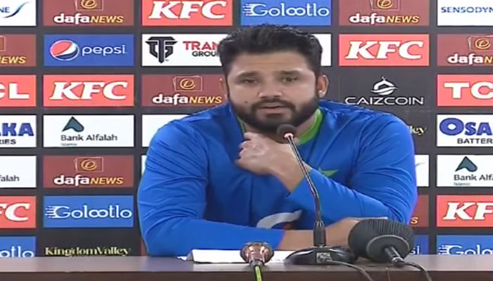 Azhar Ali addressing the media in Karachi. — Screengrab