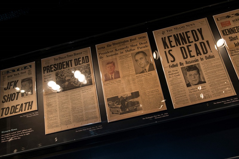 In this file photo taken on September 26, 2013, historic front pages from US newspapers are seen from the assassination of US President John F. Kennedy at the Newseum in Washington, DC.— AFP