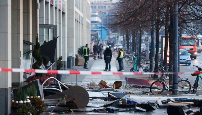 A view of debris on the street outside a hotel after a burst and leak of the AquaDom aquarium in central Berlin near Alexanderplatz, in Berlin, Germany, December 16, 2022.— Reuters