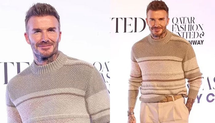 David Beckham cuts a trendy figure in a brown sweater at Qatar