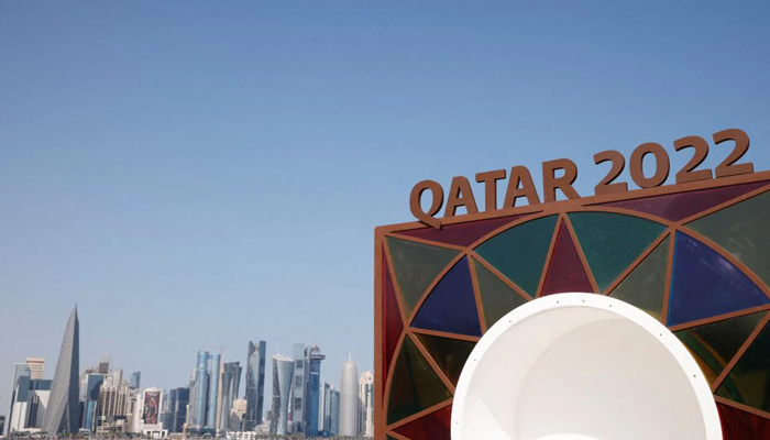 Soccer Football - 2022 World Cup Preview - Doha, Qatar - November 10, 2022 A Qatar 2022 logo is seen in front of the skyline of the West Bay in Doha. — Reuters