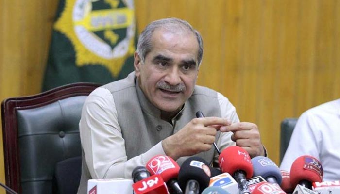 Aviation and Railways Minister Khawaja Saad Rafiquetalking to media persons in the divisional superintendent office at the city station in Karachi on June 23, 2022. — APP/File