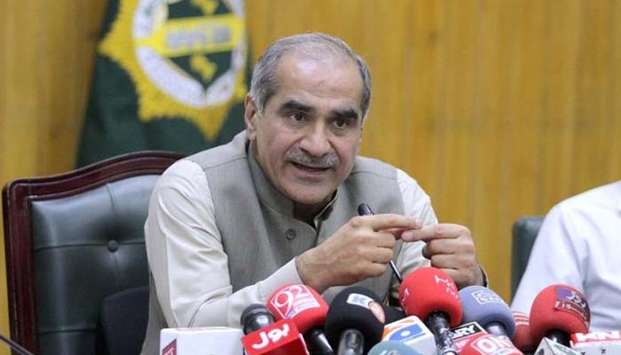 Aviation and Railways Minister Khawaja Saad Rafique talking to media persons in the divisional superintendent office at the city station in Karachi on June 23, 2022. — APP/File