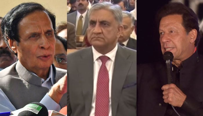 Punjab Chief Mininster Parvez Elahi, General (retd) Qamar Javed Bajwa and PTI Chairman Imran Khan. Online/ISPR/AFP/Files