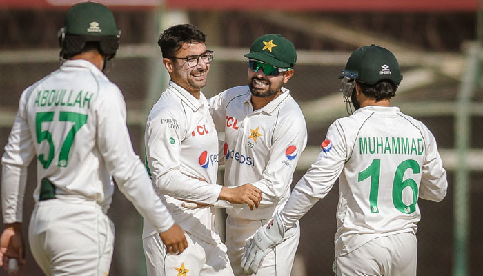 Pakistan skipper Babar Azam and other players celebrate after dismissing England’s team. — Twitter/ @TheRealPCB-