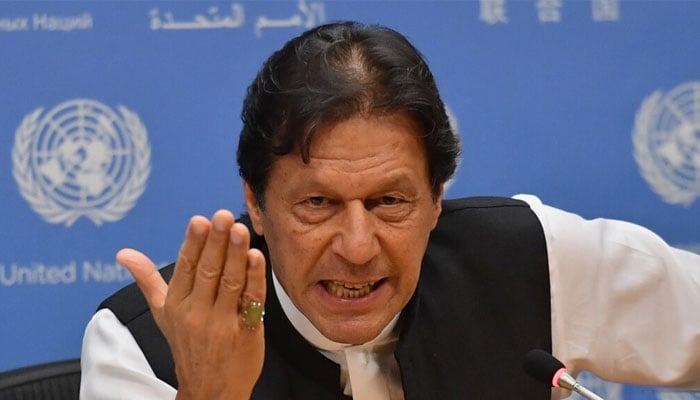 Pakistan Tehreeek-e-Insaf Chairman Imran Khan speaks during a press conference at the United Nations Headquarters in New York on September 24, 2019, as the then-prime minister of the country. — AFP