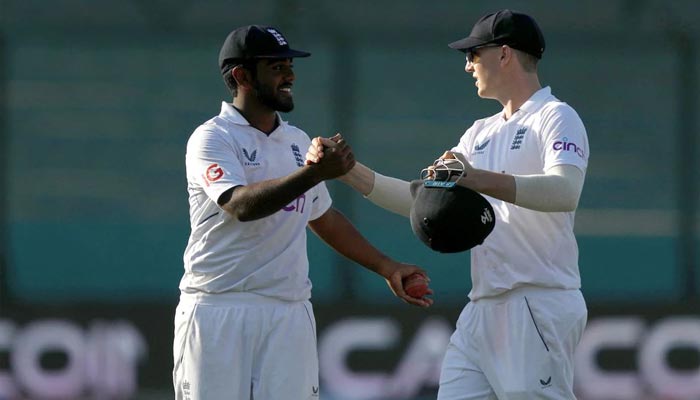 Englands Rehan Ahmed celebrates after taking five wickets during third Test between Pakistan vs England at National Stadium Karachi, Pakistan on December 19, 2022. — Reuters