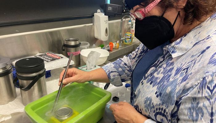 Senior research scientist at Smithsonian National Zoo And Conservation Biology Institute, Mary Hagedorn works with modern-mesh technology in liquid nitrogen at the Australian Institute Of Marine Science in Townsville, Australia December 14, 2022.— Reuters