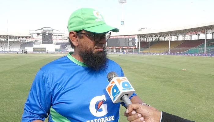 Pakistan’s head coach Saqlain Mushtaq speaks during an interview with Geo News in Karachi on December 20, 2022. — Photo by reporter