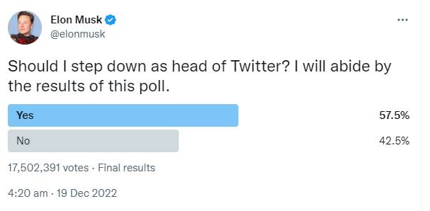Elon Musk shares his views after a Twitter poll recommended him to step down