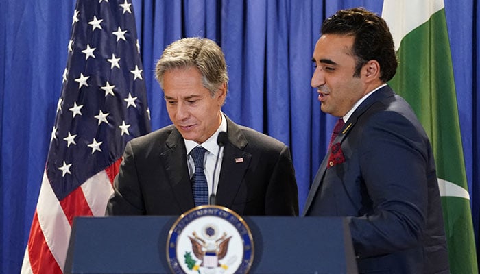 US Secretary of State Antony Blinken (L) and Pakistan´s Foreign Minister Bilawal Bhutto-Zardari trade places to deliver remarks after their meeting at the State Department in Washington, DC, September 26, 2022. AFP
