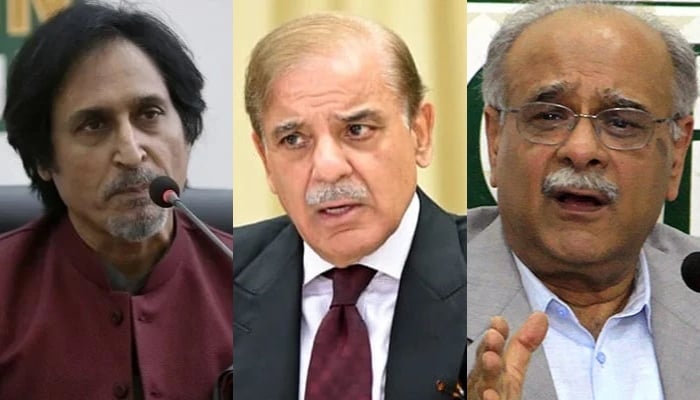 Pakistan Cricket Board (PCB) Chairman Ramiz Raja (L), Prime Minister Shehbaz Sharif (C) and former PCB chairman Najam Sethi. — Reuters/APP/Twitter