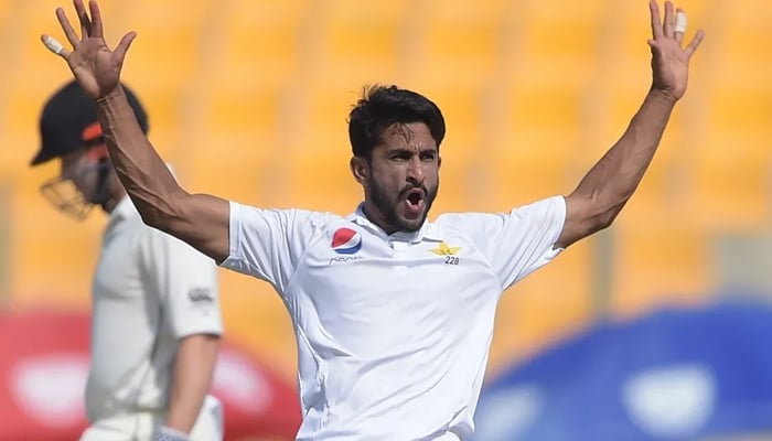 Pacer Hasan Ali gestures after taking a wicket in this undated photo. — AFP/File