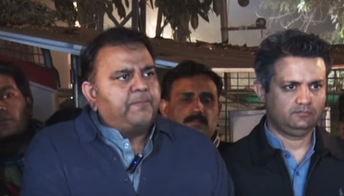 PTI Senior Vice President Fawad Chaudhry (left) addresses a press conference alongside party Focal Person for Economy Hammad Azhar in Lahore on December 21, 2022. — YouTube/HumNewsLive