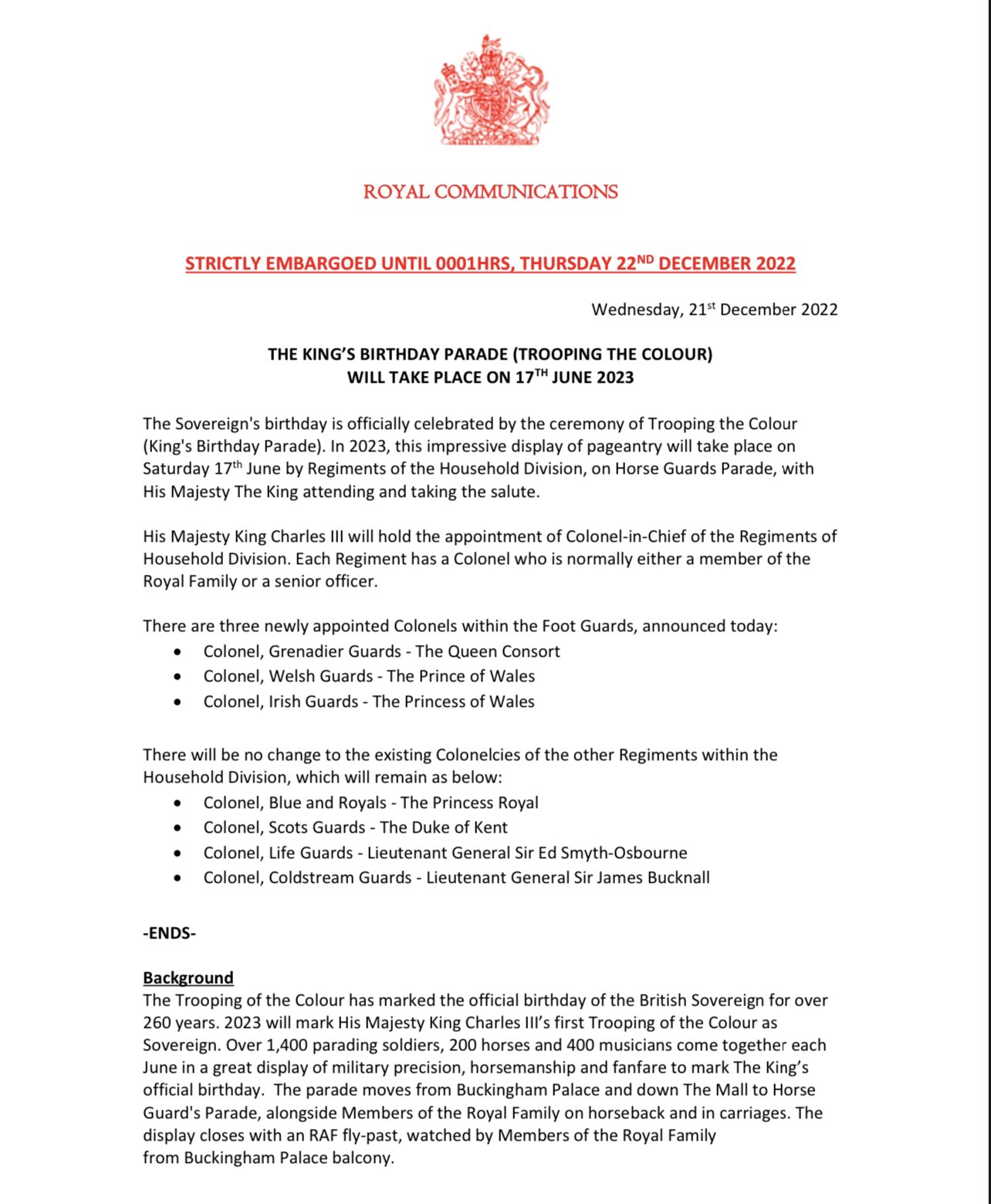 Date of King Charles' official Birthday Parade announced