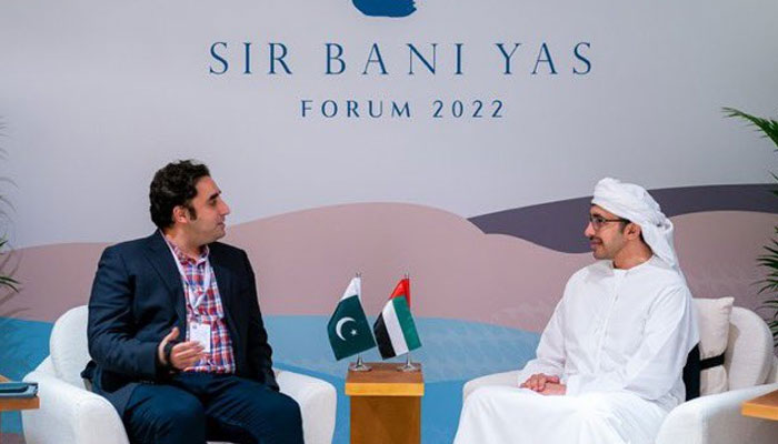 Pakistan Foreign Minister Bilawal Bhutto Zardari in a meeting with Sheikh Abdullah bin Zayed Al Nahyan, UAE Minister for Foreign Affairs and International Cooperation on the sidelines of the Annual Sir Bani Yas Forum in Abu Dhabi on November 5, 2022. Twitter