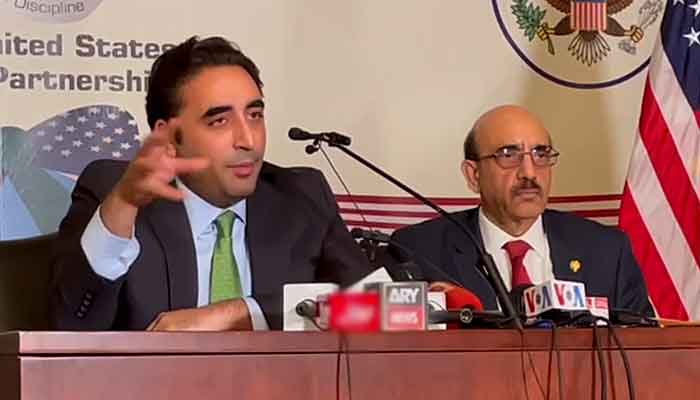 Foreign Minister Bilawal Bhutto speaks at a press conference along with Ambassador Masood Khan at the Pakistan Embassy in Washington. — Screengrab.
