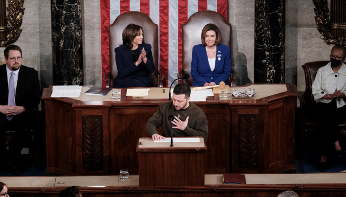 Ukraines President Volodymyr Zelenskiy addresses a joint meeting of the US Congress in the House Chamber of the US Capitol in Washington, US, December 21, 2022. —Rueters