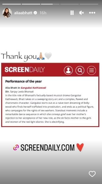 Alia Bhatt earns Performance of the Year title for Gangubai Kathiawadi on Screen Daily