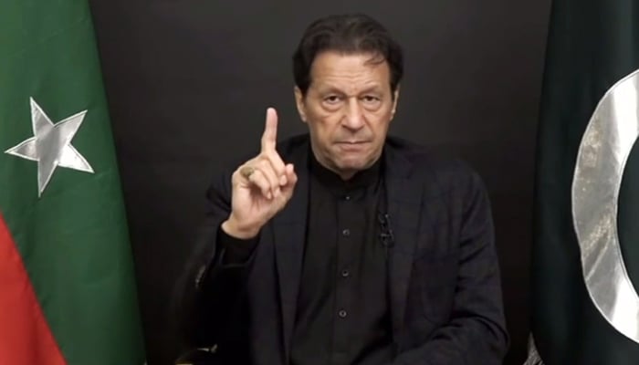 PTI Chairman Imran Khan addresses party workers and supporters via video link on December 22, 2022. — Screengrab/YouTube/PTI