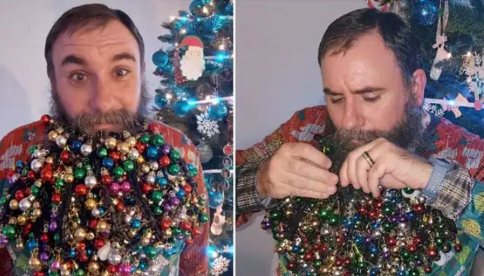 Screengrab shows Joel Strasser from Idaho, USA, fitting holiday ornaments in his beard.— Instagram