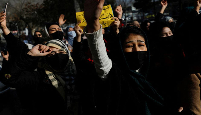 Afghan women protest against the closure of universities to women by the Taliban. Photo:REUTERS