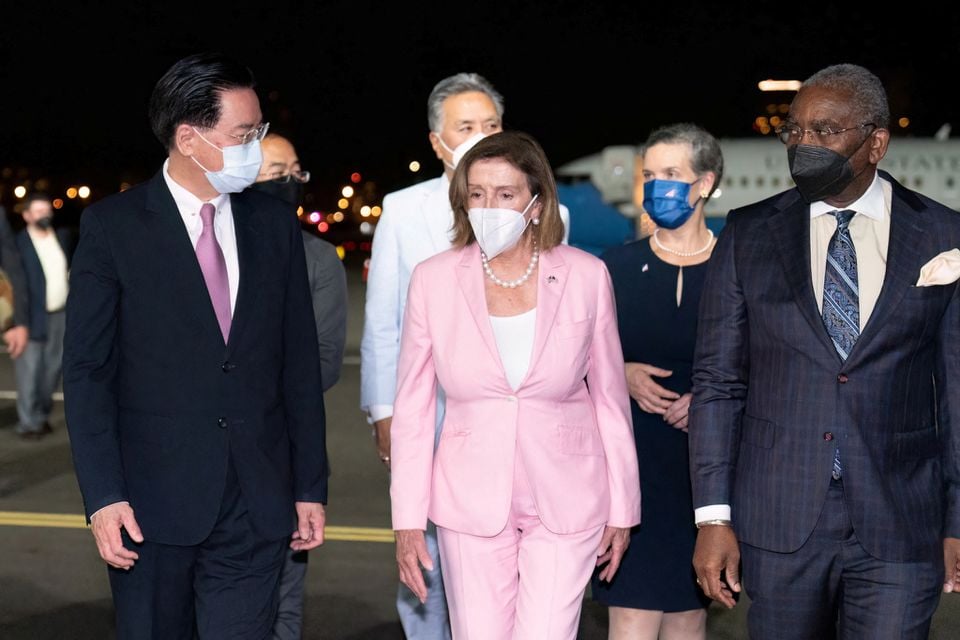 Taiwan Foreign Minister Joseph Wu welcomes US House of Representatives Speaker Nancy Pelosi at Taipei Songshan Airport in Taipei, Taiwan August 2, 2022.— Reuters