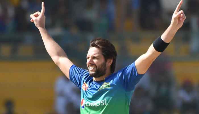 Former Pakistan captain Shahid Afridi celebrates after taking a wicket during a Pakistan Super League match. —PCB