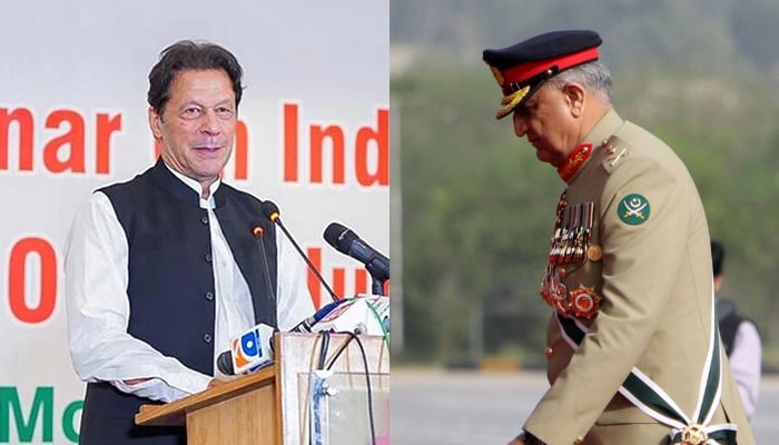 Pakistan Tehreek-e-Insaf (PTI) Chairman Imran Khan addressing a seminar in Islamabad on August 22, 2022 (left and former army chief General (retd) Qamar Javed Bajwa arrives to attend the Pakistan Day parade in Islamabad on March 23, 2022. — NNI/AFP