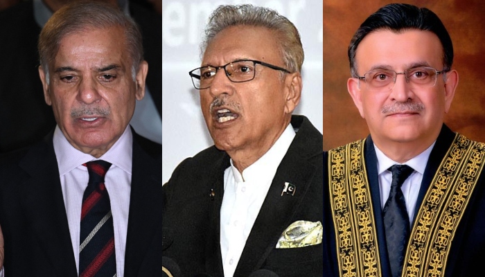 (L to R) Prime Minister Shehbaz Sharif,President Dr Arif Alvi, andChief Justice Umar Ata Bandial. — AFP/APP/SC website