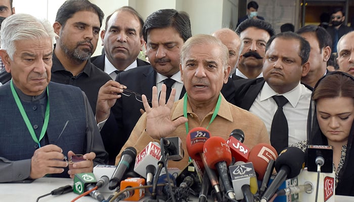 Prime Minister Shehbaz Sharif talking to media persons outside the Supreme Court of Pakistan on April 5, 2022. — Online