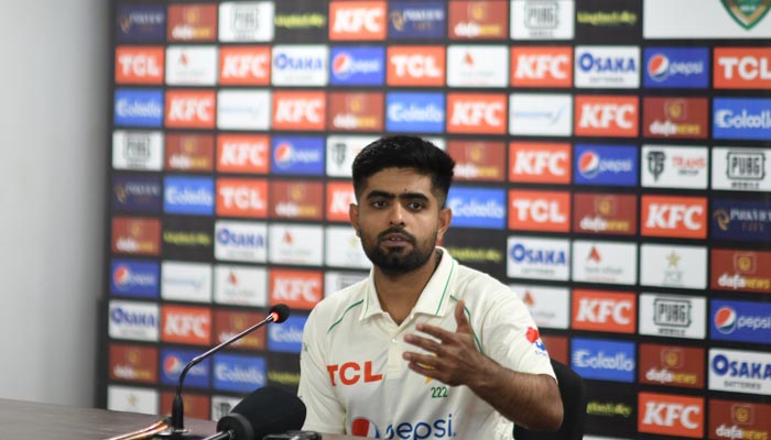 Pakistan skipper Babar Azam speaking during a press conference on December 25, 2022. — Twitter/PCB