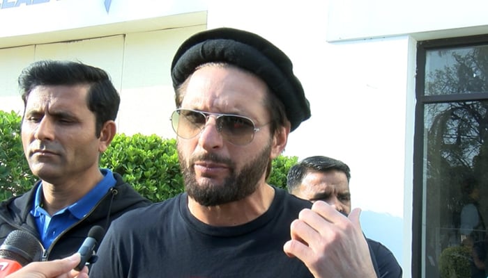 Pakistan's newly appointed chief selector Shahid Afridi speaks to reporters in Karachi on December 25, 2022.  — Reporter