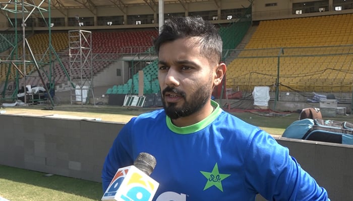 Pakistan's middle-order batsman Saud Shakeel speaks to Geo News in Karachi on December 25, 2022. — Reporter