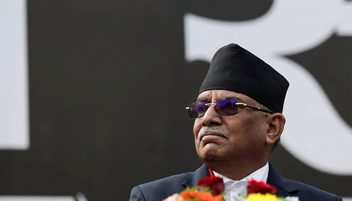 Pushpa Kamal Dahal, also known as Prachanda, takes part in a mass gathering against the dissolution of parliament, in Kathmandu, Nepal February 10, 2021. — Reuters
