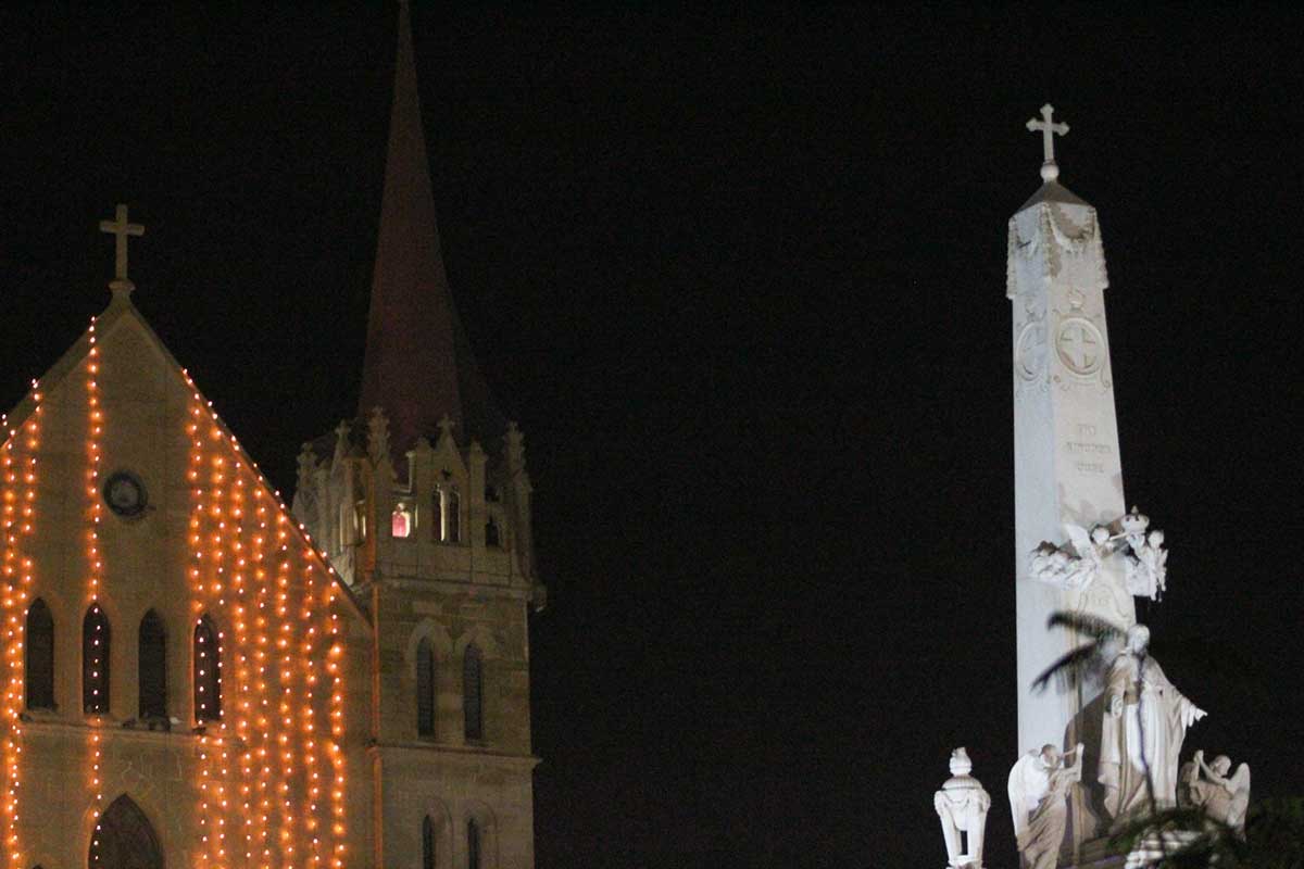 View of the St.Patricks Cathedral at night as midnight mass takes place inside its building.