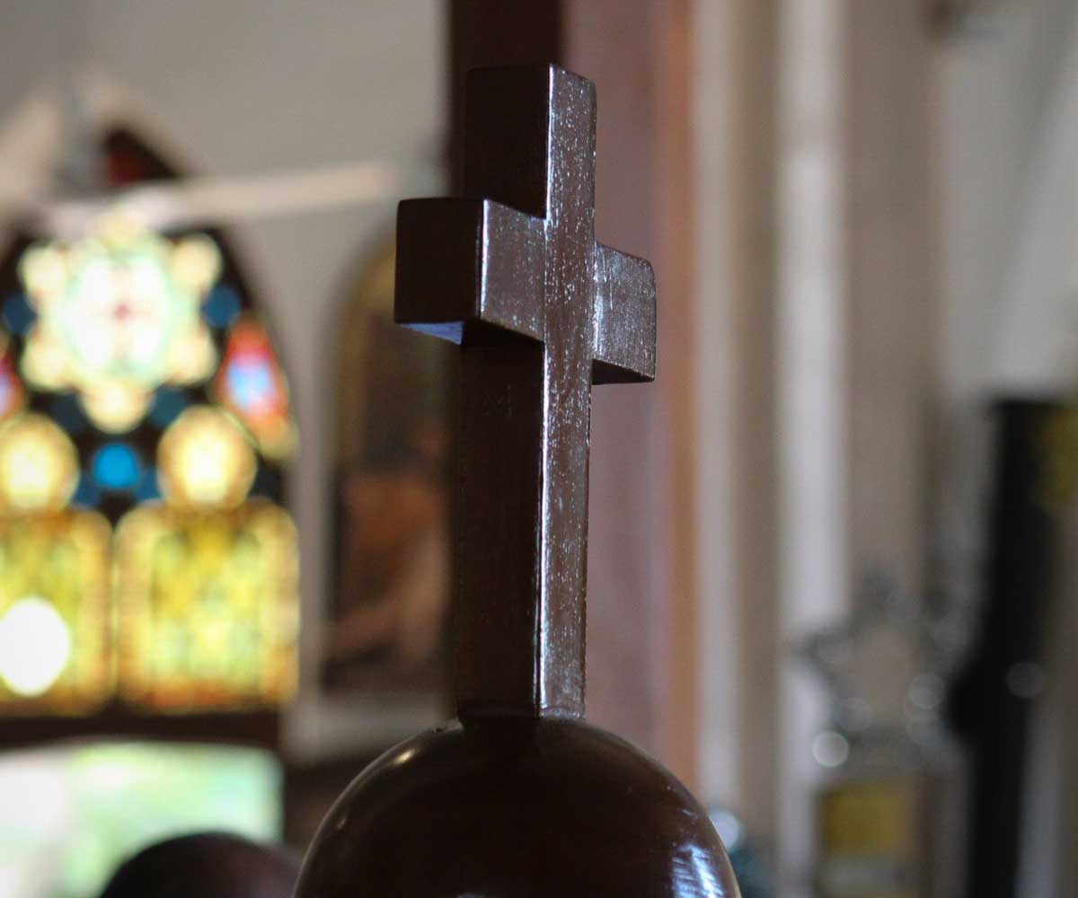 Photograph of a baptismal font seen at the entrance of the St. Patricks Cathedral.