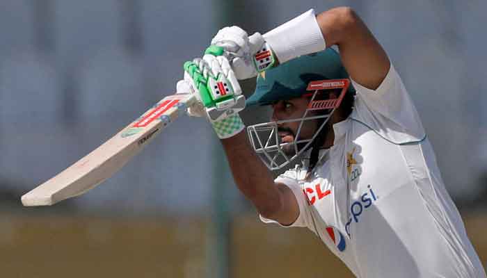 Captain Babar Azam plays a shot in the third Test against England in Karachi, December 19, 2022. —Reuters