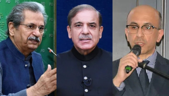 (L-R) Former PTI federal minister Shahfat Mahmood, Prime Minister Shehbaz Sharif and UK-based PTI leader Aneel Mussarat. — APP/PMO/Author