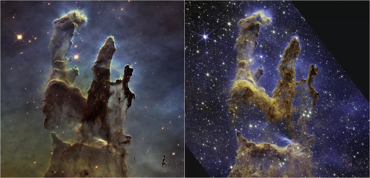 The Webb telescopes infrared sets off a kaleidoscope of colours for the Pillars of Creation(R) compared to the Hubble telescopes 2014 view by visible light.— AFP