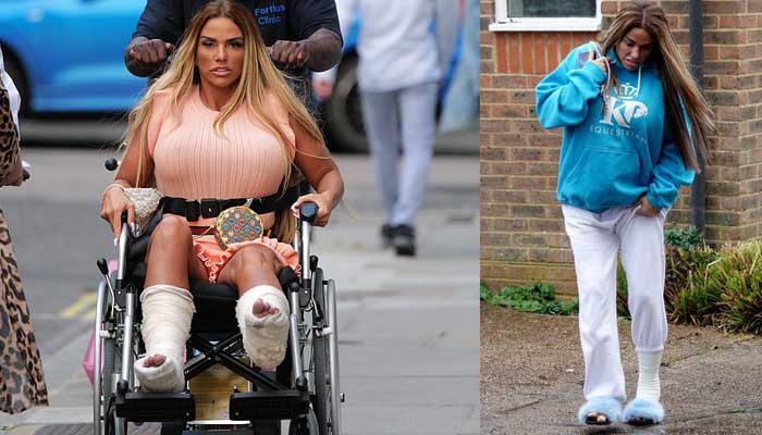 Katie Price seen walking with bandaged foot after surgery