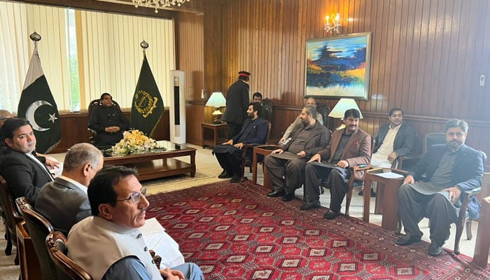 National Assembly Speaker Raja Pervaiz Ashraf meeting with PTI delegation at the Parliament House. — Waqar Satti