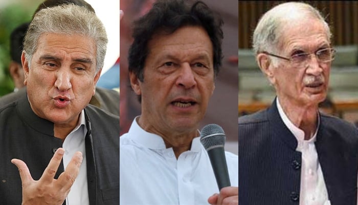 PTI leaders Shah Mahmood Qureshi, Imran Khan and Pervez Khattak. — AFP/Reuters/PPI/Files