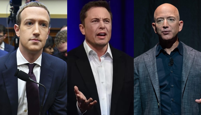 (L to R) Mark Zuckerberg, Elon Musk, and Jeff Bezos. — AFP/File