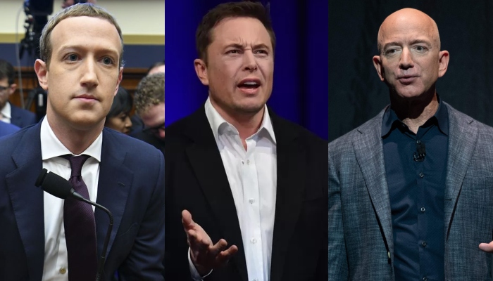(L to R) Mark Zuckerberg, Elon Musk, and Jeff Bezos. — AFP/File