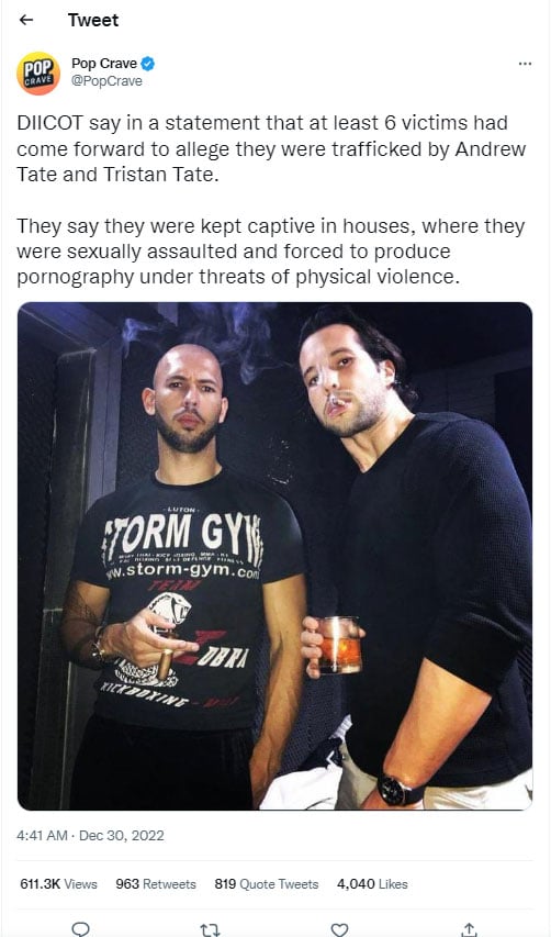 Six Andrew Tate victims accuse Tate brothers of human trafficking?